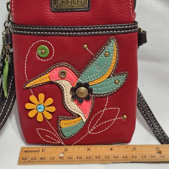 Chala Red Leather Crossbody Bag with Hummingbird Applique - Picture 9 of 9